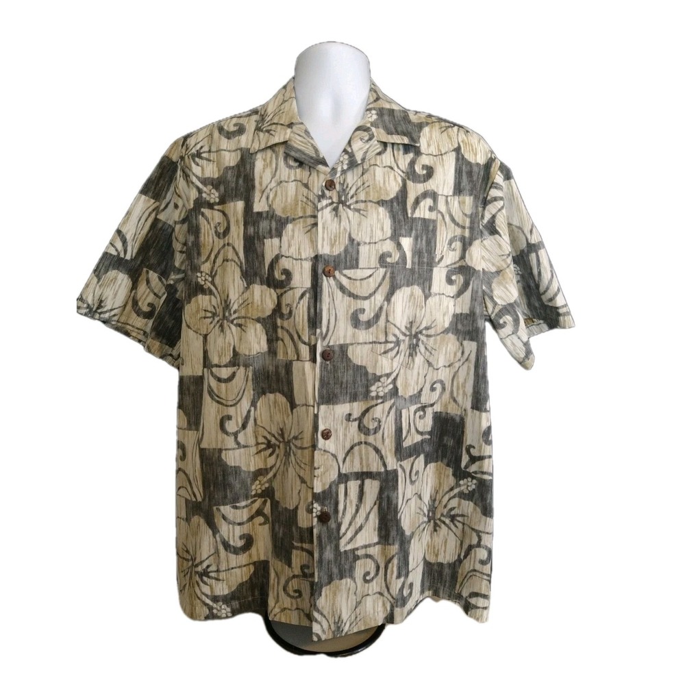 Men's Black Hawaiian Floral Tropical Short Sleeve Button Front Shirt Large